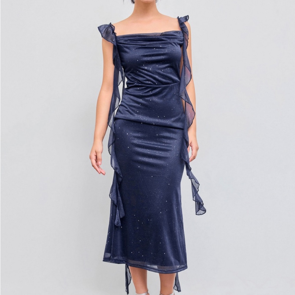 Cider Blue Ruched Sheath Midi Dress